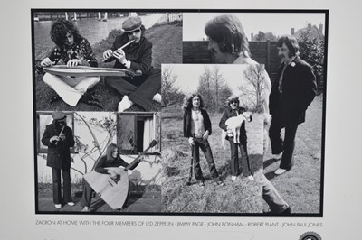 Lot 1106 - Richard Drew, known as Zacron (British, 1943-2012) limited edition print - Zacron at home with four members of Led Zeppelin, signed and numbered 2/200, 53 x 67cm glazed frame