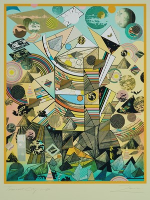Lot 1113 - Richard Drew, known as Zacron (British, 1943-2012) silkscreen print - Transient City, signed and numbered 1/500, image 63 x 49cm