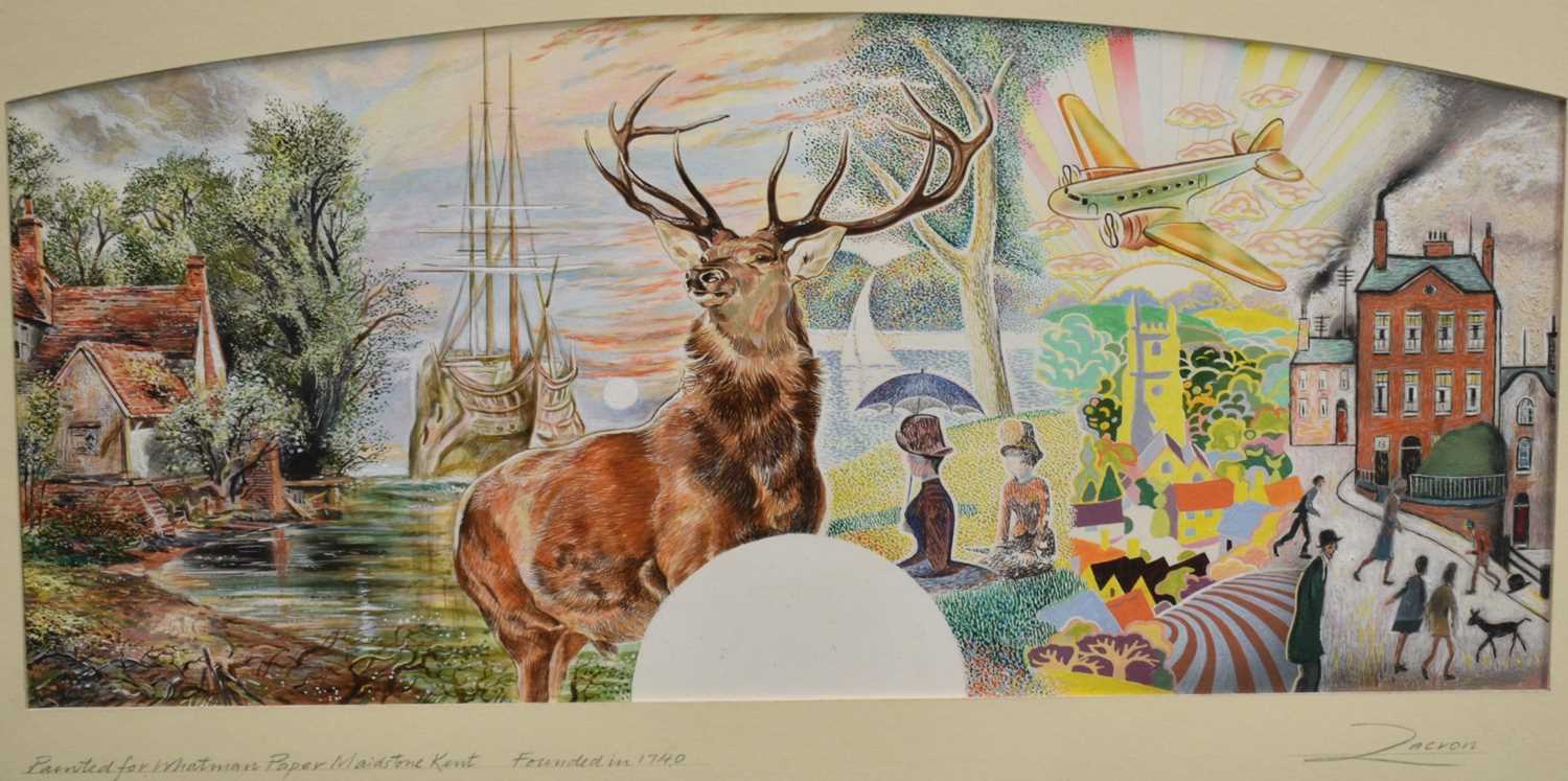 Lot 1116 - Richard Drew, known as Zacron (British, 1943-2012) pair of watercolour and mixed media works on paper - Painted for Whatman paper, Maidstone, Kent, signed and inscribed, 16 x 37cm, glazed frames