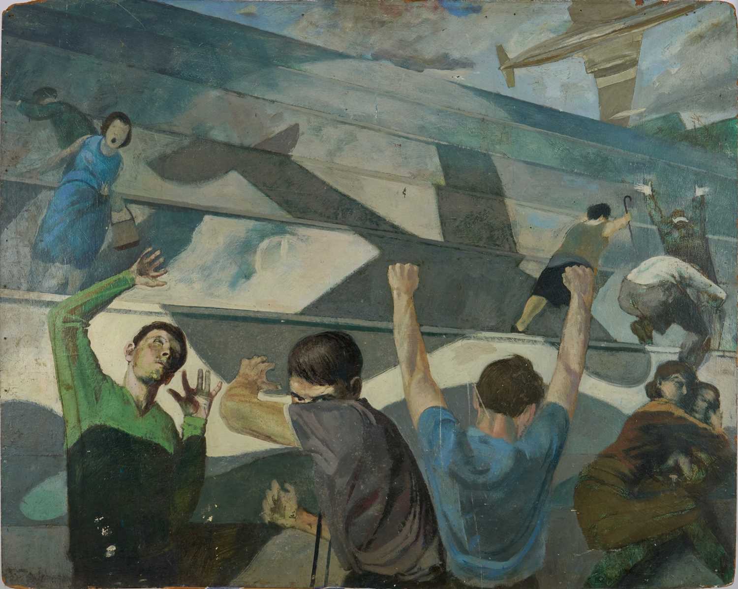 Lot 1117 - Richard Drew, known as Zacron (British, 1943-2012) oil on board, Farnborough Disaster, signed, titled and dated 1963 verso, 83 x 102cm