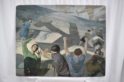 Lot 1117 - Richard Drew, known as Zacron (British, 1943-2012) oil on board, Farnborough Disaster, signed, titled and dated 1963 verso, 83 x 102cm