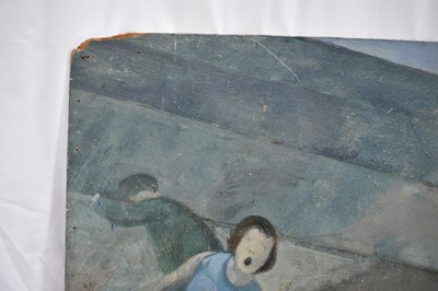 Lot 1117 - Richard Drew, known as Zacron (British, 1943-2012) oil on board, Farnborough Disaster, signed, titled and dated 1963 verso, 83 x 102cm