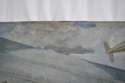 Lot 1117 - Richard Drew, known as Zacron (British, 1943-2012) oil on board, Farnborough Disaster, signed, titled and dated 1963 verso, 83 x 102cm