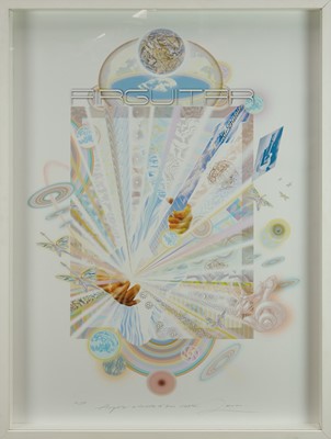 Lot 1123 - Richard Drew, known as Zacron (British, 1943-2012), archival fine art print - Air Guitar, dedicated to Eric Clapton, signed inscribed and numbered 10/250, 86 x 64cm, glazed frame