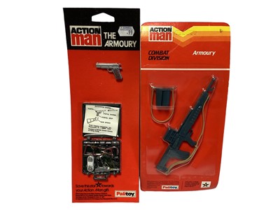 Lot 77 - Palitoy Action Man Armoury Pistol Set & Snipers Set, on card vacuum packed, plus loose Sten Guns & other weapons (qty)