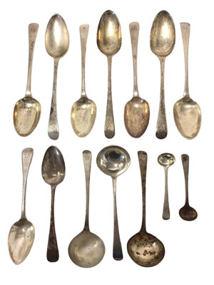 Lot 352 - Set of six silver Old English Feather Edge pattern table spoons, with engraved initials