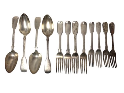Lot 354 - Set of four Victorian silver Fiddle pattern table spoons, with engraved initials
