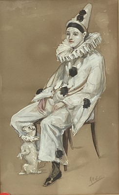 Lot 68 - English School, contemporary, pencil and gouache - Portrait of Pierrot, indistinctly signed, 53cm x 33cm, in glazed frame
