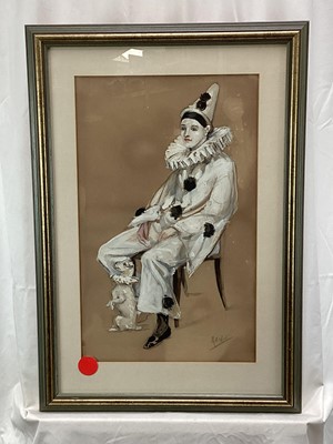 Lot 11 - English School, contemporary, pencil and gouache - Portrait of  Pierrot, indistinctly signed, 53cm x 33cm, in glazed frame