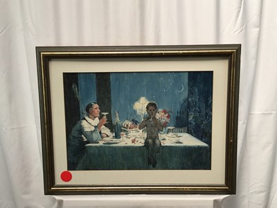 Lot 12 - English School, contemporary, ink and watercolour - Pan and Pierrot, indistinctly signed, 33cm x 48cm, in glazed frame