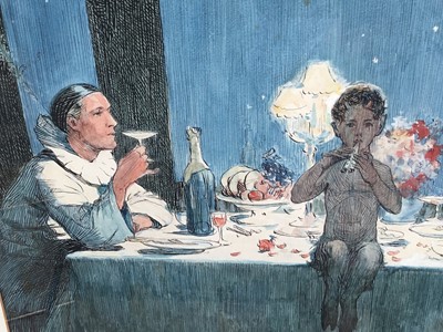 Lot 12 - English School, contemporary, ink and watercolour - Pan and Pierrot, indistinctly signed, 33cm x 48cm, in glazed frame