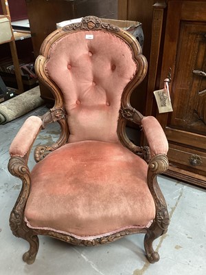 Lot 1360 - Victorian heavily carved mahogany open arm chair with velvet upholstery