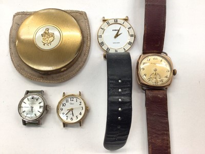 Lot 1076 - Vintage 9ct gold cased wristwatch, three other watches and a powder compact