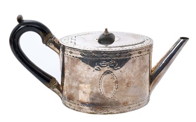 Lot 379 - George III silver teapot  of oval cylindrical form, with bright cut decoration