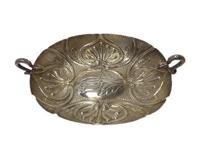 Lot 380 - Victorian silver dish of oval form, with embossed foliate decoration