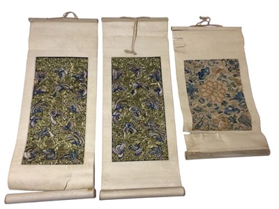 Lot 962 - Two Chinese silk embroidered scrolls with butterflies and another earlier in date
