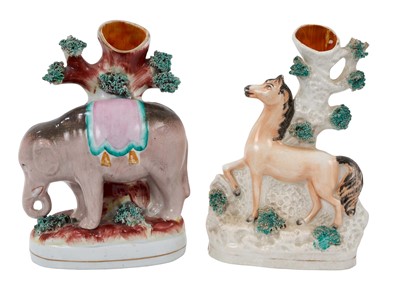 Lot 209 - Victorian Staffordshire elephant spill vase, and a similar horse spill vase (2)