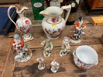 Lot 39 - Group of ceramics, incliding a 19th century English flower-painted jug and ewer, a pair of Derby figures with crossed swords marks, and continental porcelain
