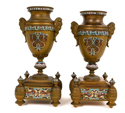 Lot 744 - Two 19th century French brass and champlevé enamel urns