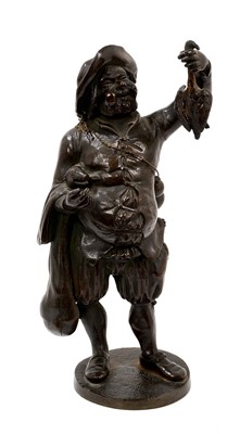 Lot 747 - 19th century bronze figure of a game dealer, on circular base, 29cm high