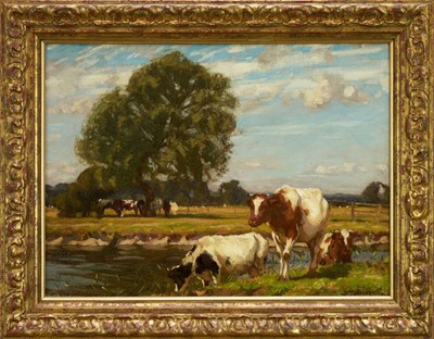 Lot 1199 - Algernon Mayow Talmage (1871-1939) oil on canvas - Cattle grazing beside the Stour at Dedham, signed   NB: A highly typical view on the river Stour at Dedham, near the home of Talmage's friend Si...