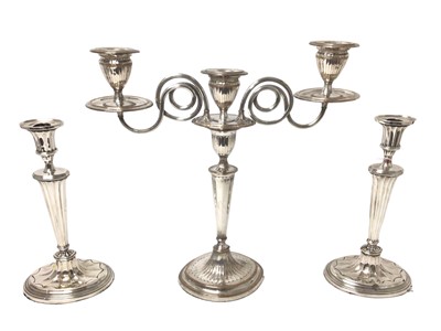 Lot 449 - Regency plated candlebra and pair similar candlesticks (3)