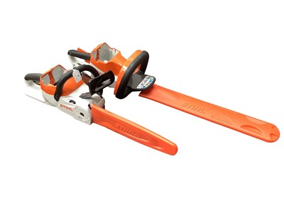 Lot 8 - Stihl HSA 56 cordless hedge trimmer together with Stihl MSA 120 C cordless Chainsaw with charger
