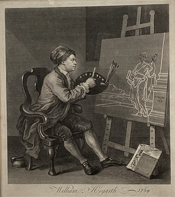Lot 69 - After William Hogarth, 18th century engraving self portrait dated 1764 in glazed frame retailed by Colnaghi & Co, Bond Street, London in glazed frame