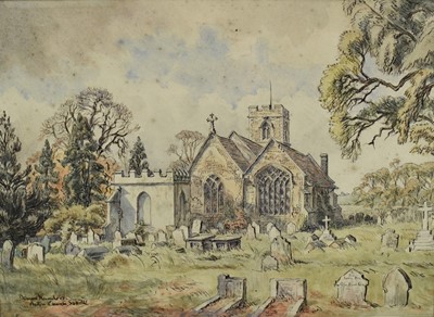 Lot 1076 - Dennis Flanders RBA RWS (1915-1994) watercolour and ink - Acton Church, Suffolk, Oct. 1964, signed and titled, 27cm x 37cm, in glazed frame