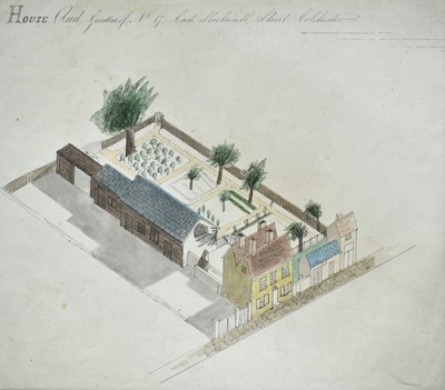 Lot 1078 - English School, circa 1820s, ink and watercolour drawing 'House and Garden of No. 17, East Stockwall Street, Colchester', 24.5cm x 28cm, mounted