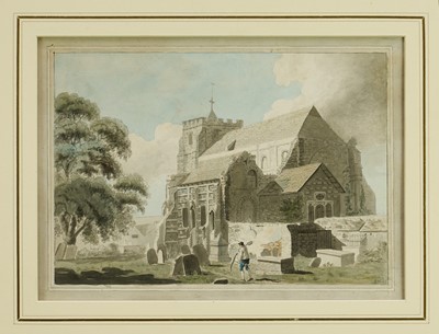 Lot 1079 - Francis Grose (1731-1791) ink and watercolour - Waltham Abbey, Essex, circa 1760, 27cm x 36cm, mounted