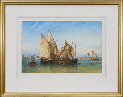 Lot 1274 - William Wyld (1806-1889) pencil and watercolour heightened with white, Fishing vessels off the Venetian lagoon, 23cm x 34.5cm. Provenance: Christie's, London, 3 February 2000, lot 150