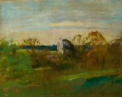 Lot 1178 - Amy Watt (1900-1956) oil on panel, St George's Day, Dedham Church from Upper Park, titled and indistinctly dated, 21 x 28cm