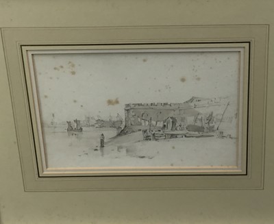 Lot 122 - Henry Haseler (act. 1814-1825) pencil and brown wash, The entrance to Portsmouth Harbour with a prison ship lying beyond, inscribed with title, 19cm x 30.5cm