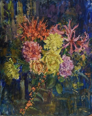 Lot 1189 - Amy Watt (1900-1956) oil on board - flowers in a vase, Evening, Walton Street,  40 x 51cm