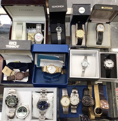 Lot 1092 - Various wristwatches including Rotary gold plated calendar watch in box, Citizen, Sekonda, Tissot, Timex, Swatch, Skagen etc, some boxed