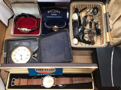 Lot 1100 - Group of vintage wristwatches including an Ingersoll Triumph. Roamer, Rotary etc and a travel clock