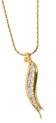 Lot 548 - Diamond pendant necklace with a stylised pea pod design, with ten graduated brilliant cut diamonds estimated to weigh approximately 0.85cts in total, in 18ct gold setting on 18ct gold chain, 46cm.