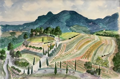 Lot 1306 - *Bernard Cheese (1925-2013) watercolour - Côtes Du Rhône, Les Hauts, signed, 50cm x 74cm, in glazed frame