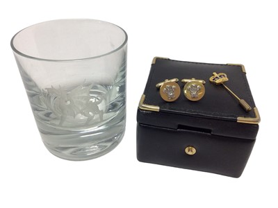 Lot 171 - H.R.H.The Prince of Wales Cufflinks, tie pin and glass. Provenance: Presented to former Royal Servant William Dodd, a valet to HM King Charles III, as Prince of Wales.