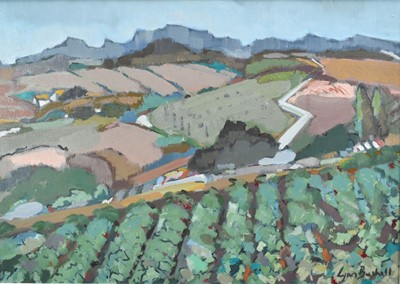 Lot 1310 - Lynn Bushell (b.1946) oil on canvas - Vineyards, Dordogne, signed, 50cm x 70cm, framed