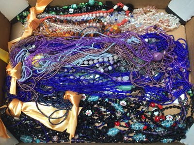 Lot 81 - Group of vintage and later bead necklaces including cultured and fresh water pearls, amber, coral, turquoise, microbeads etc, together with an abstract wood display stand