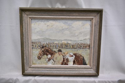 Lot 1049 - *Robert Sadler (1909-2001) acrylic on board - 'Horse Saddling', signed, 19.5 x 25cm, framed