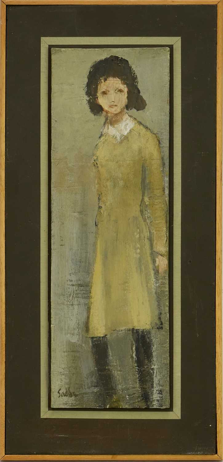 Lot 1333 - *Robert Sadler (1909-2001) acrylic on board - Girl in Yellow Dress, signed, 30cm x 10cm, framed