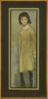 Lot 1333 - *Robert Sadler (1909-2001) acrylic on board - Girl in Yellow Dress, signed, 30cm x 10cm, framed