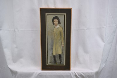 Lot 1333 - *Robert Sadler (1909-2001) acrylic on board - Girl in Yellow Dress, signed, 30cm x 10cm, framed