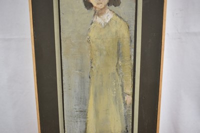 Lot 1333 - *Robert Sadler (1909-2001) acrylic on board - Girl in Yellow Dress, signed, 30cm x 10cm, framed