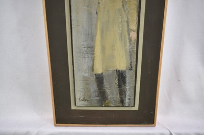 Lot 1333 - *Robert Sadler (1909-2001) acrylic on board - Girl in Yellow Dress, signed, 30cm x 10cm, framed