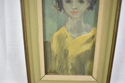 Lot 976 - *Robert Sadler (1909-2001) acrylic on board, Woman in yellow, signed, 20 x 10cm