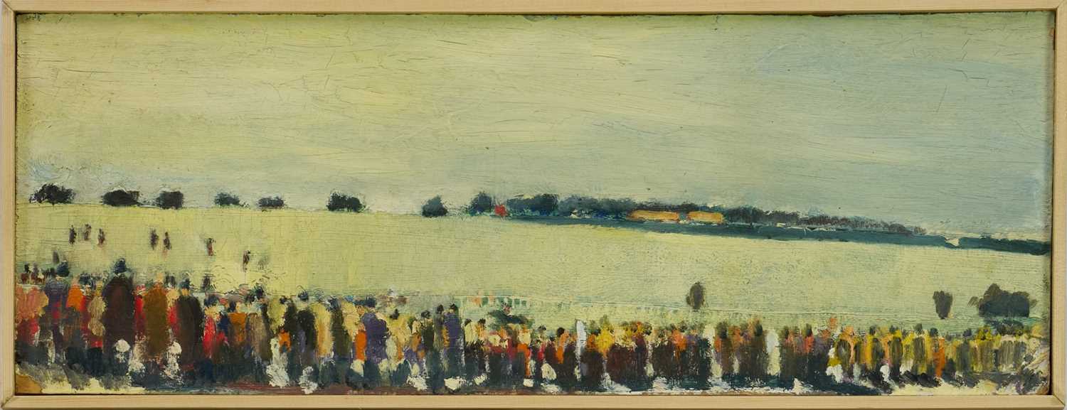 Lot 1331 - *Robert Sadler (1909-2001) oil on board - Crowds at the Races, signed, 18.5cm x 52cm. NB: Painted at Newmarket in the 1950s, where Robert Sadler often worked alongside Alfred Munnings.